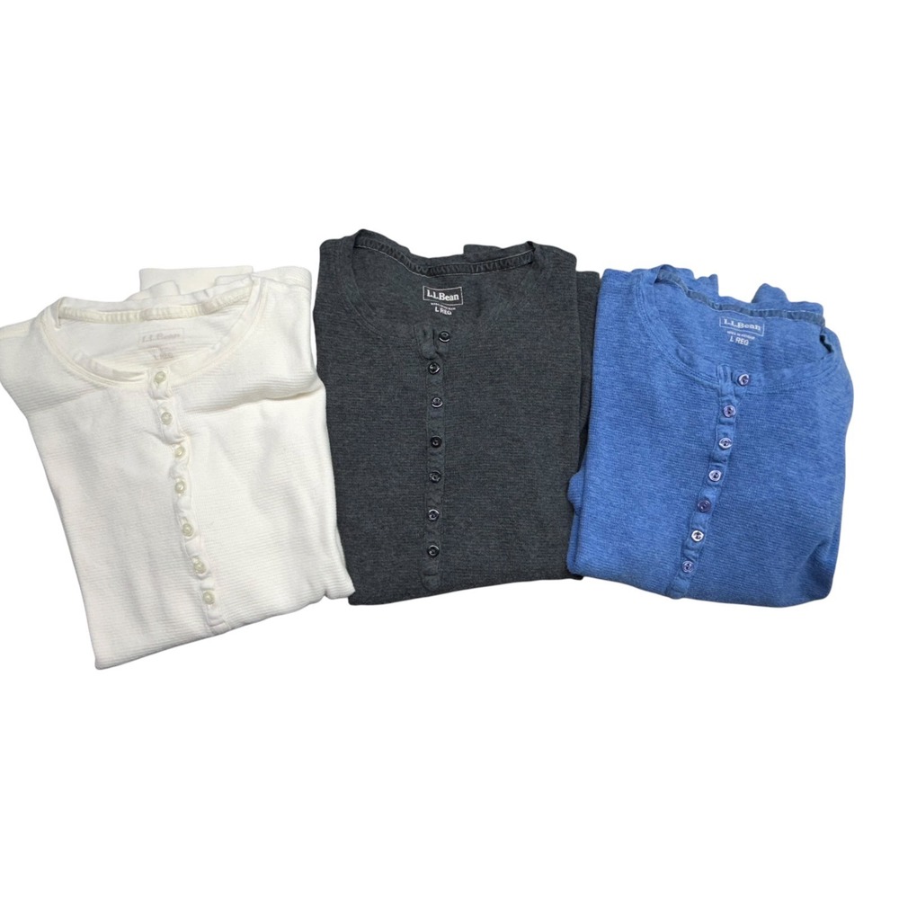 LL Bean Womens Waffle Knit Henley Shirt Bundle 3 Pack Gray White Blue Large REG